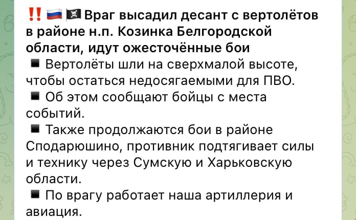 Z-каналы в тревоге сообщают о высадке десанта повстанцев в Белгородской области 