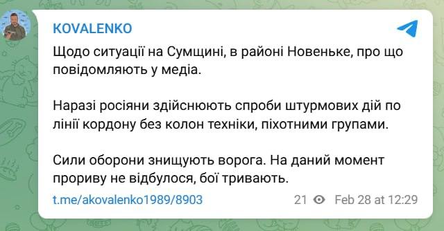 Появилась информация о "прорыве границы" россиянами в Сумской области – в ЦПД дали комментарий