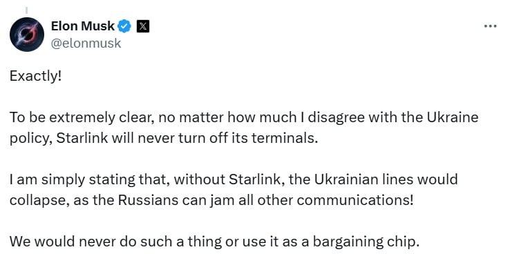 Маск после перепалки с Сикорским дал обещание по Starlink для Украины