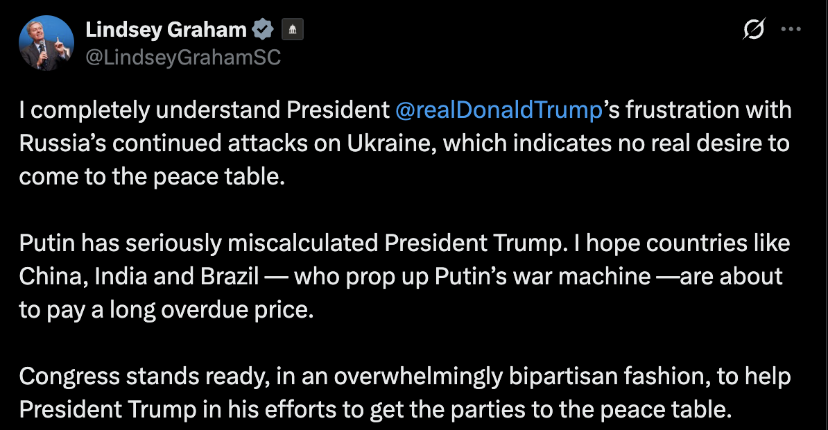 Сенатор Грэм о новом ультиматуме Кремлю: "Путин серьезно просчитался с президентом Трампом"