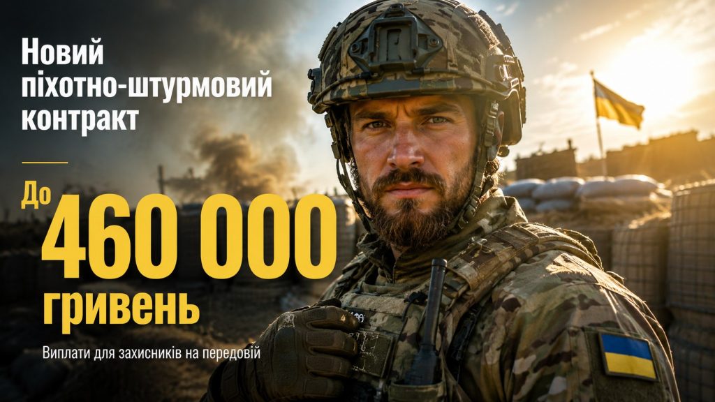 Новий піхотно-штурмовий контракт передбачає до 460 000 грн на місяць, терміни служби від 6 до 14 місяців і гарантовану відстрочку після завершення служби.