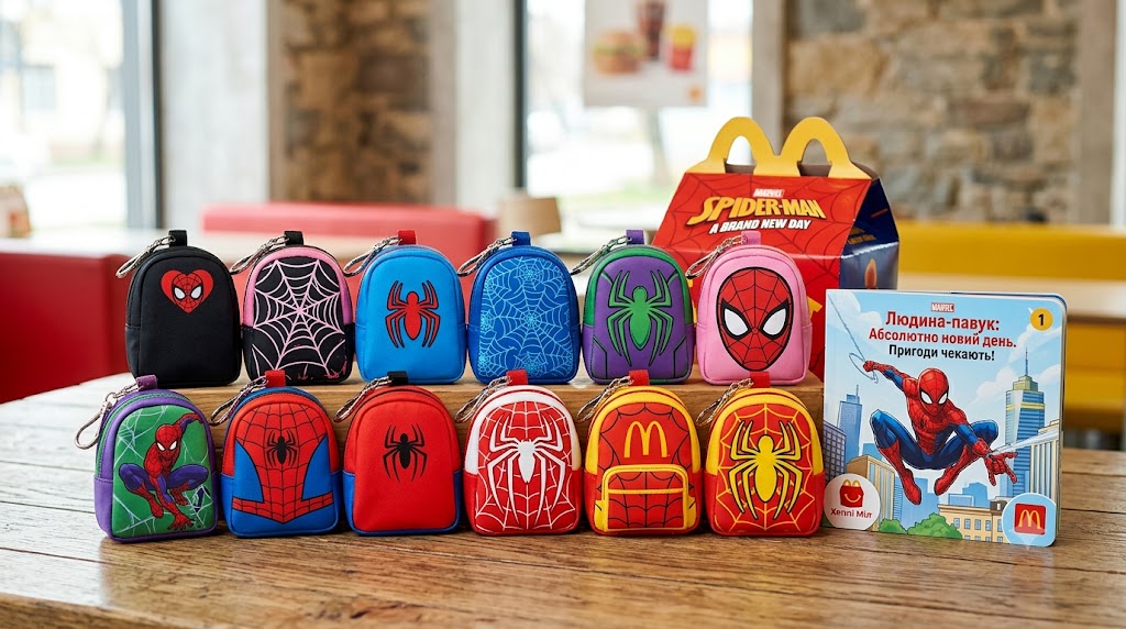 У McDonald’s в Україні стартувала нова колекція Хеппі Міл із Людиною-павуком. Доступні тематична книжка та 12 брелоків-рюкзачків. Акція діє з 16 липня до 19 серпня 2026 року.