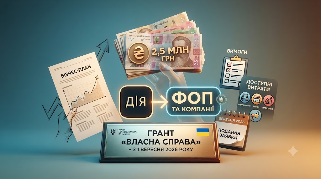 Грант «Власна справа» з 1 вересня 2026 року: суми до 2,5 млн грн, бонуси, вимоги до заявників, доступні витрати, бізнес-план і порядок подання заявки через портал «Дія» для ФОП та компаній в Україні.