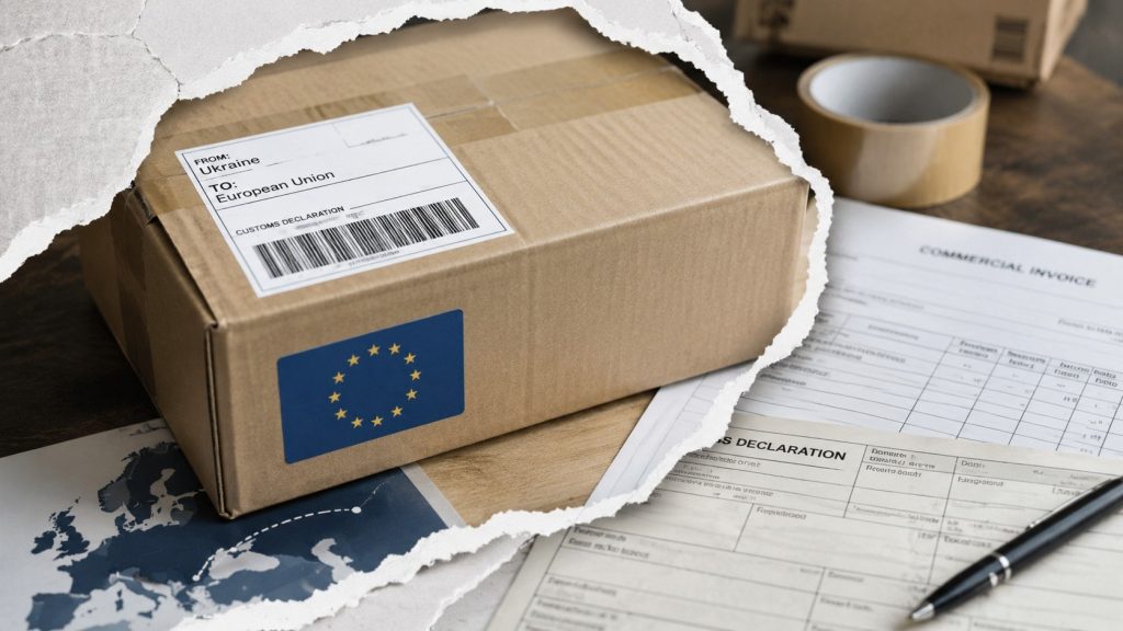 Як відправляти товари з України до ЄС у 2026 році: мито €3, ПДВ, IOSS, декларації, документи ФОП, правила для Etsy, eBay, інтернет-магазинів і повернення посилок після 1 липня.