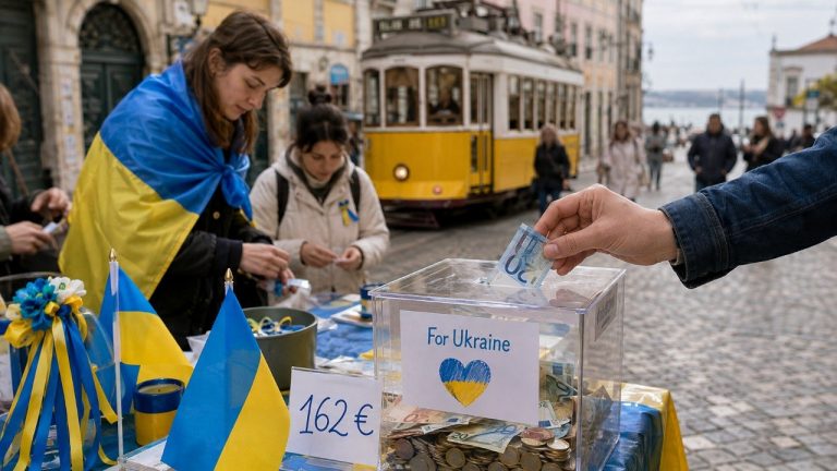 Українці Лісабона провели щотижневу акцію на підтримку України, зібрали 162 євро для «Повернись живим» і анонсували ходу до 35-річчя Незалежності України 23 серпня у центрі Лісабона, Португалія.
