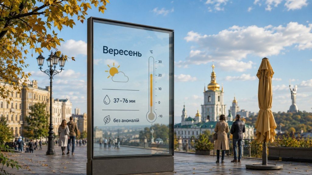 Погода у вересні 2026 в Україні буде близькою до норми: Укргідрометцентр прогнозує +11…+18 °C та 37–76 мм опадів. У Карпатах очікується до 106 мм дощів. Детальний прогноз на місяць.