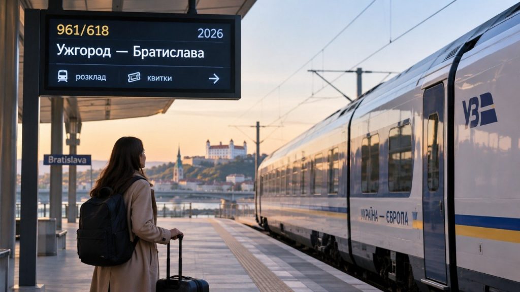 Потяг Ужгород — Братислава у 2026 році: актуальний розклад №961/618, маршрут через Кошице, прямі вагони, продаж квитків за 20 діб та де купити квиток у застосунку УЗ.