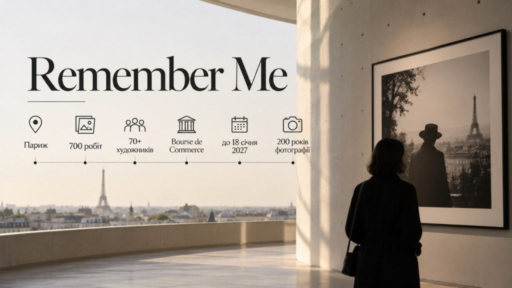 У Парижі відкрилася виставка Remember Me до 200-річчя фотографії: близько 700 робіт понад 70 авторів у Bourse de Commerce. Експозиція триватиме до 18 січня 2027 року й охоплює два століття мистецтва.